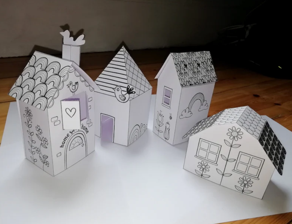 Craft and printing activities for kids, multiple paper houses and streets