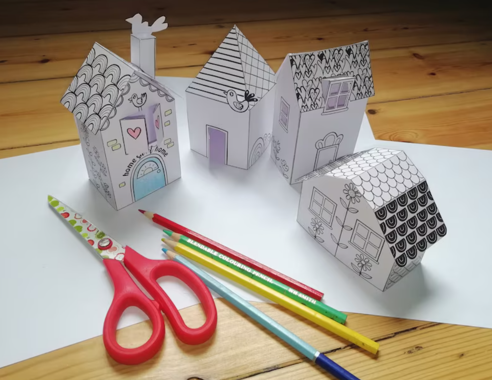 Craft and printing activities for kids, multiple paper houses and streets