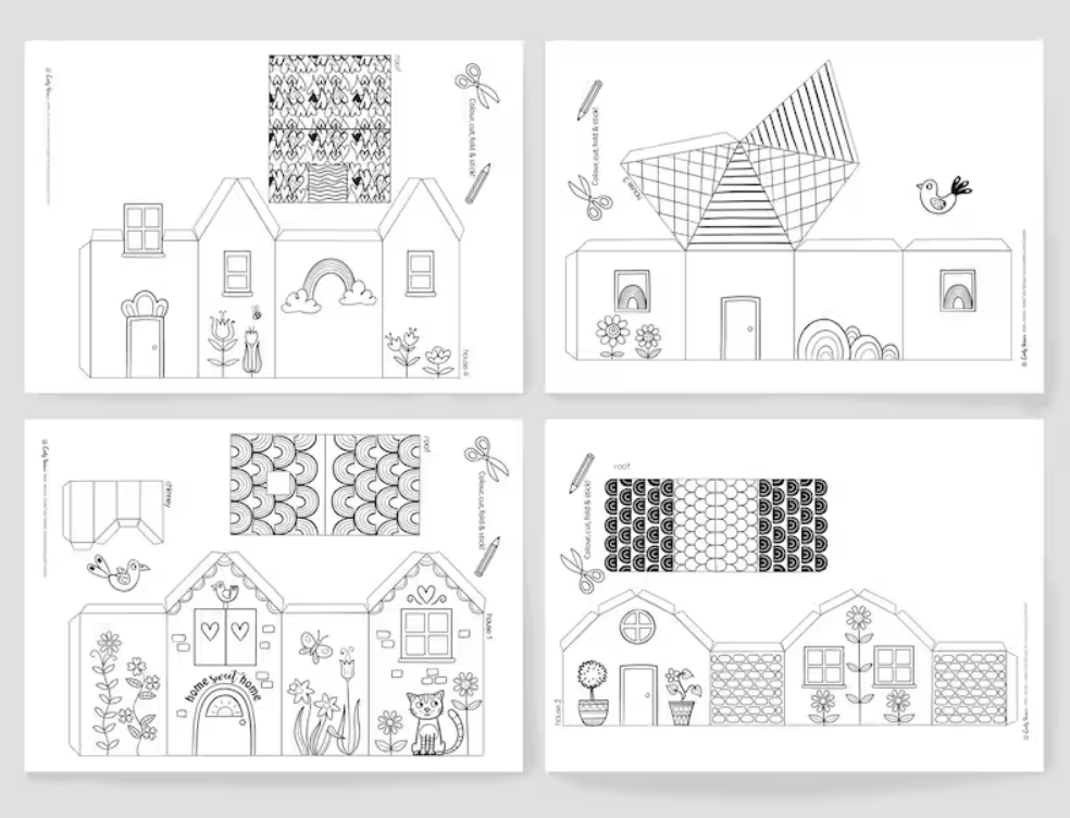 Craft and printing activities for kids, multiple paper houses and streets