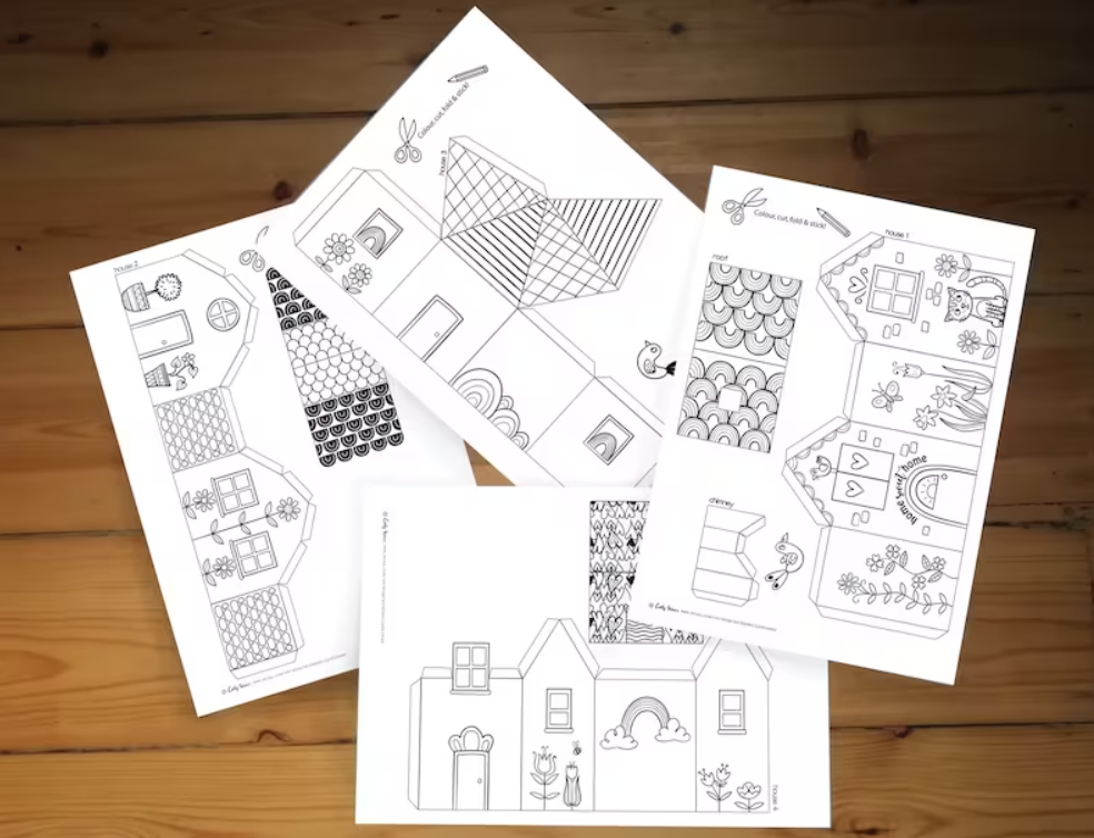 Craft and printing activities for kids, multiple paper houses and streets