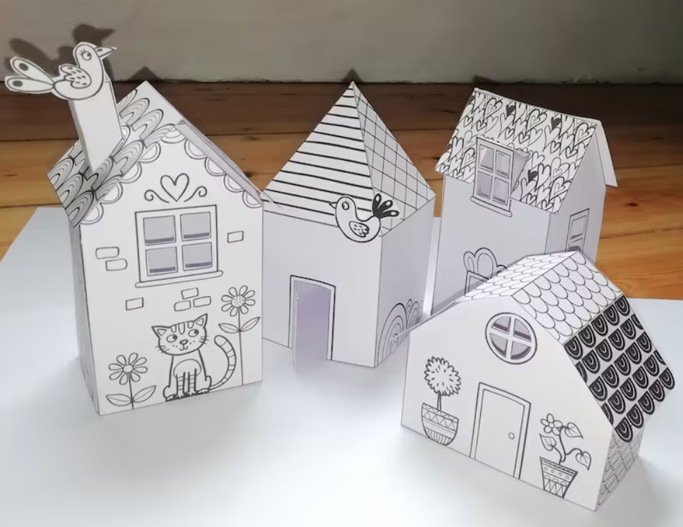 Craft and printing activities for kids, multiple paper houses and streets