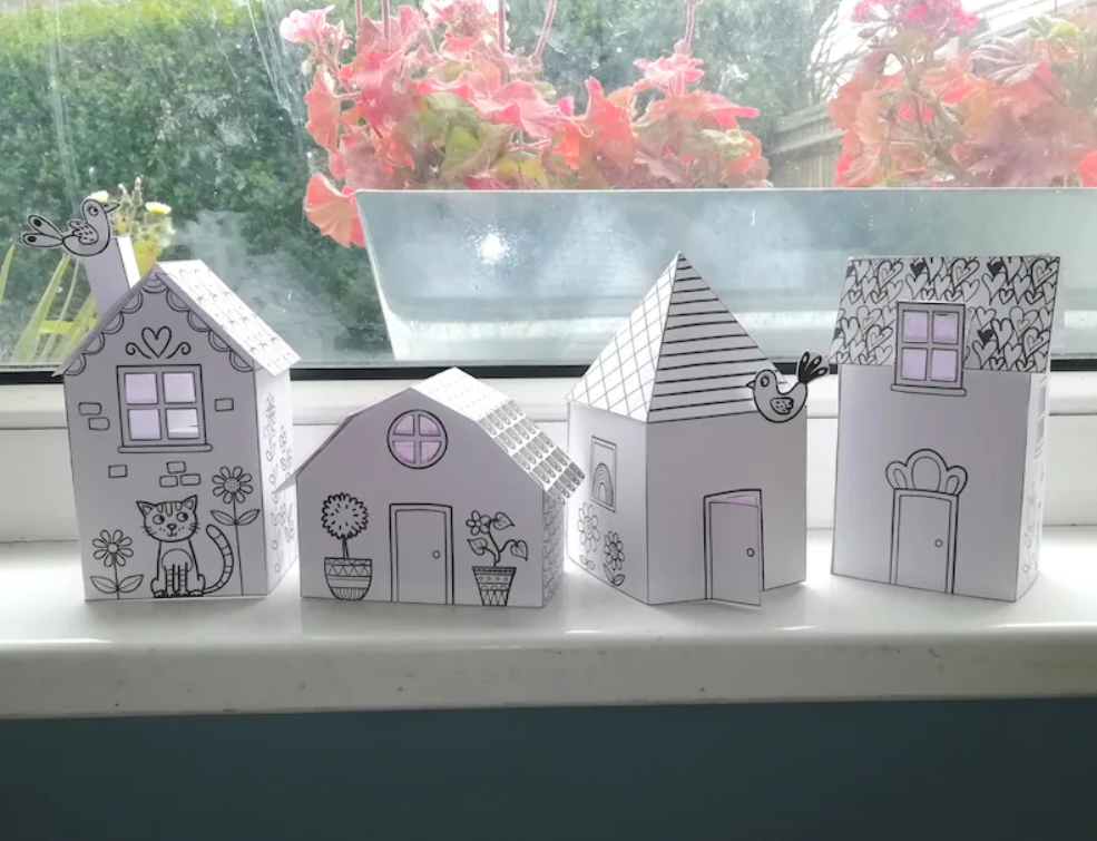 Craft and printing activities for kids, multiple paper houses and streets