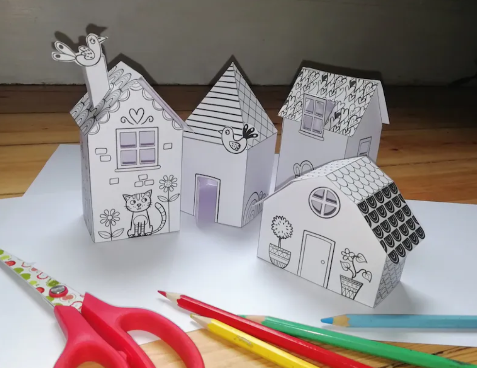 Craft and printing activities for kids, multiple paper houses and streets